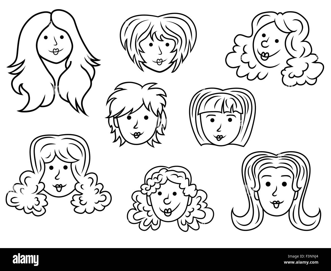 Set with eight funny women contour faces over white, hand drawing cartoon vector illustration Stock Vector