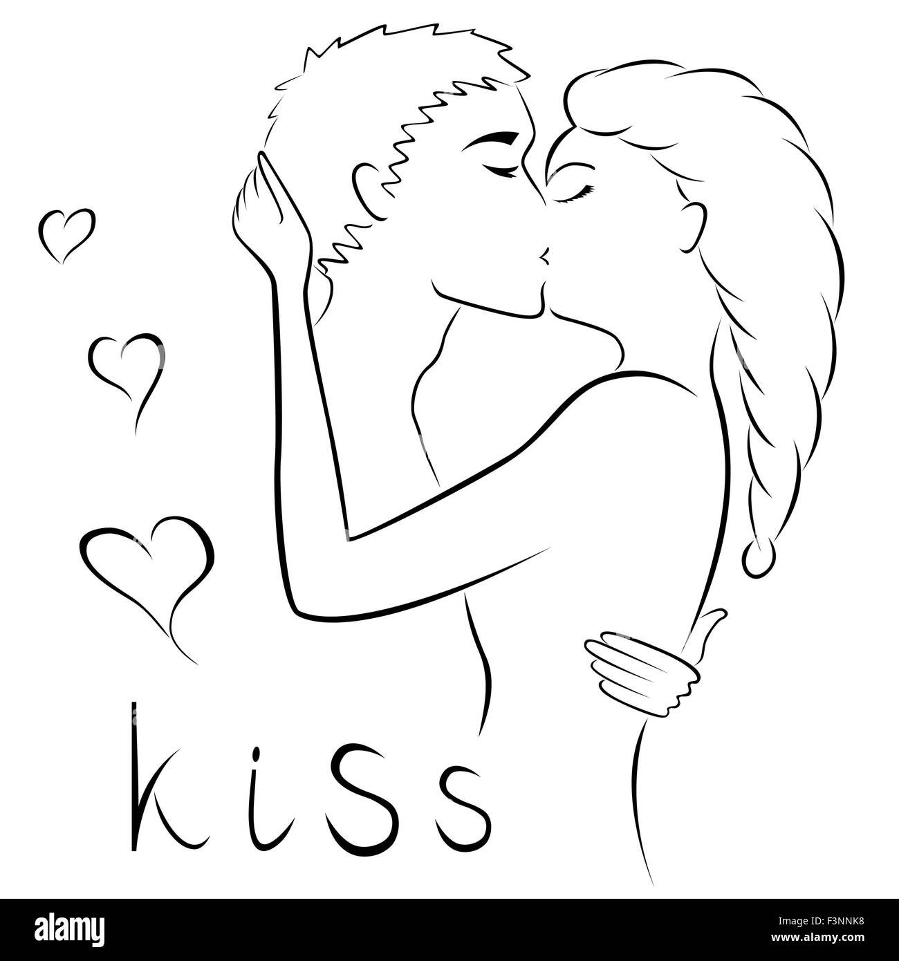 Abstract young couple kissing contour, black over white hand drawing vector artwork Stock Vector
