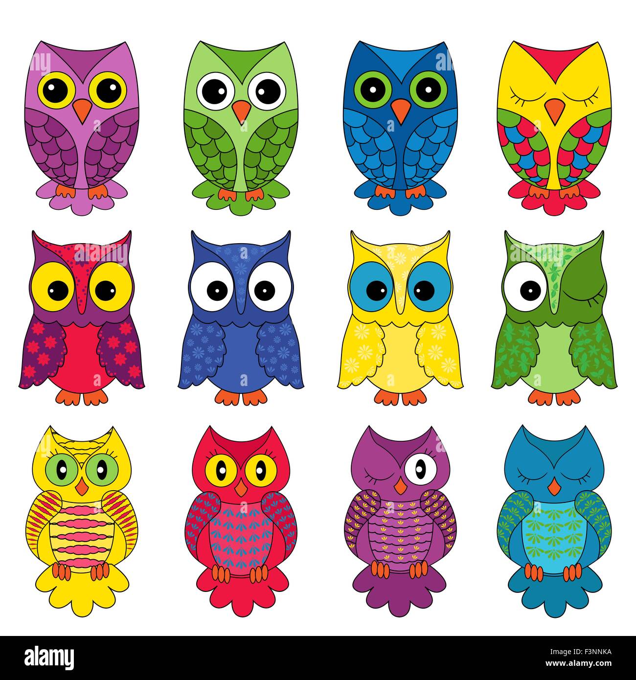 Set of sixteen colourful vector owls isolated on white background Stock ...