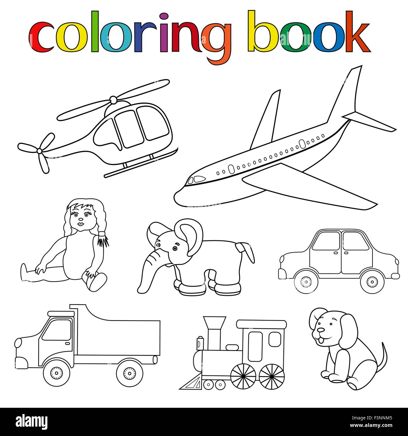 Set of various toys for coloring book with helicopter, airplane ...