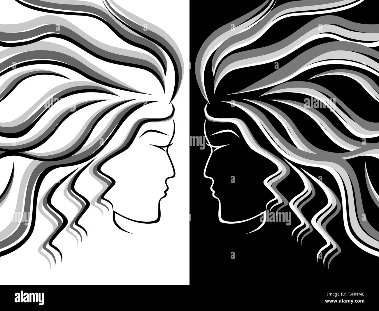 Black, white and grey silhouettes of female heads on white and black background, hand drawing vector illustration Stock Vector