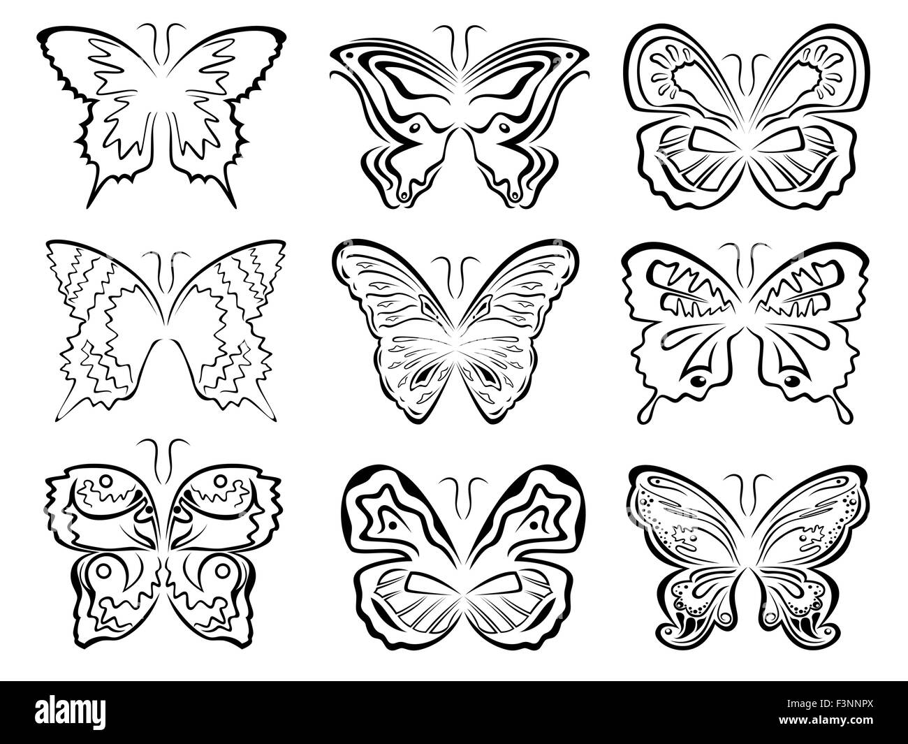 Set of six black butterflies contours over white, hand drawing vector artwork Stock Vector