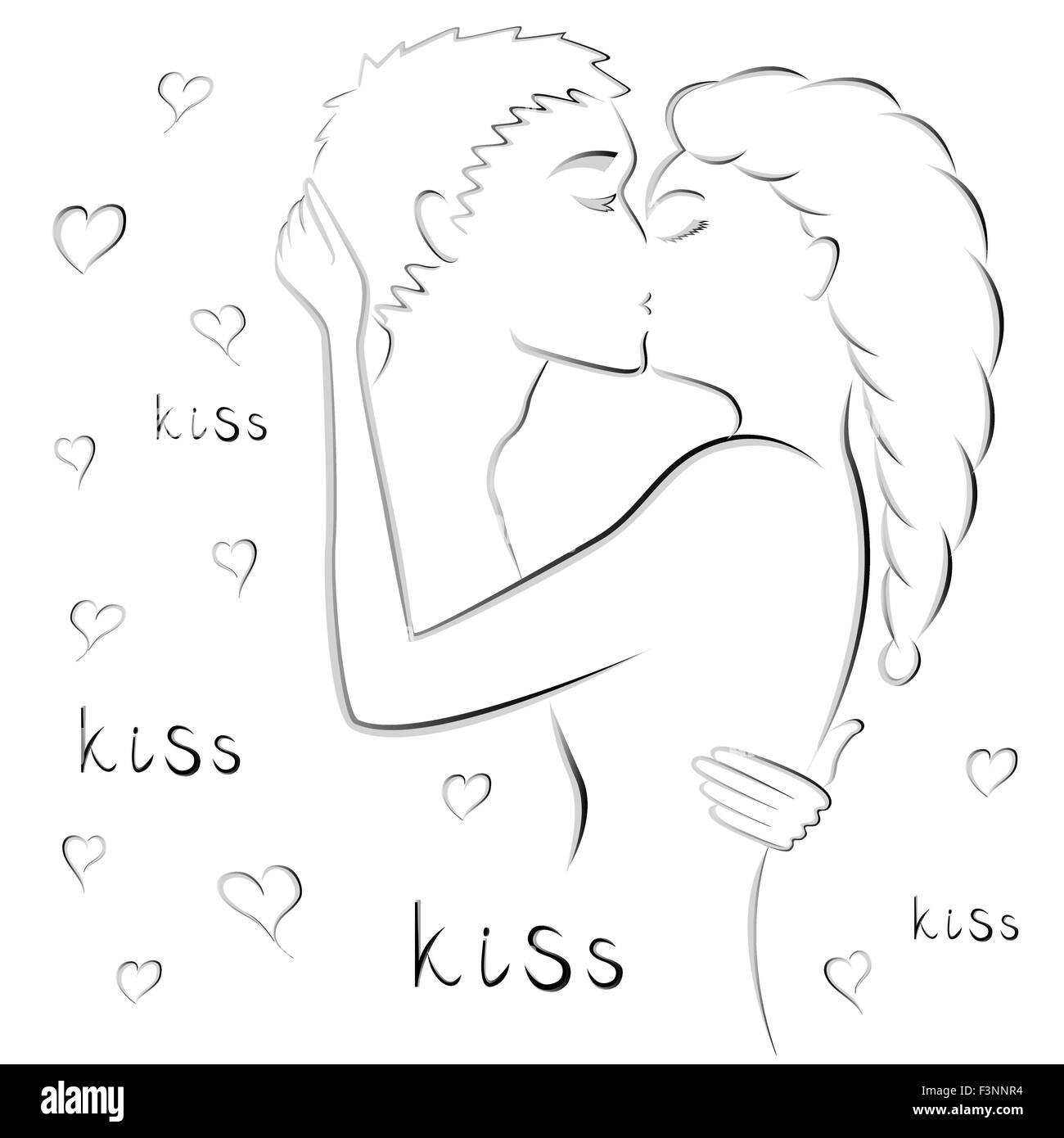Abstract gradient contour of young couple kissing, hand drawing vector artwork Stock Vector