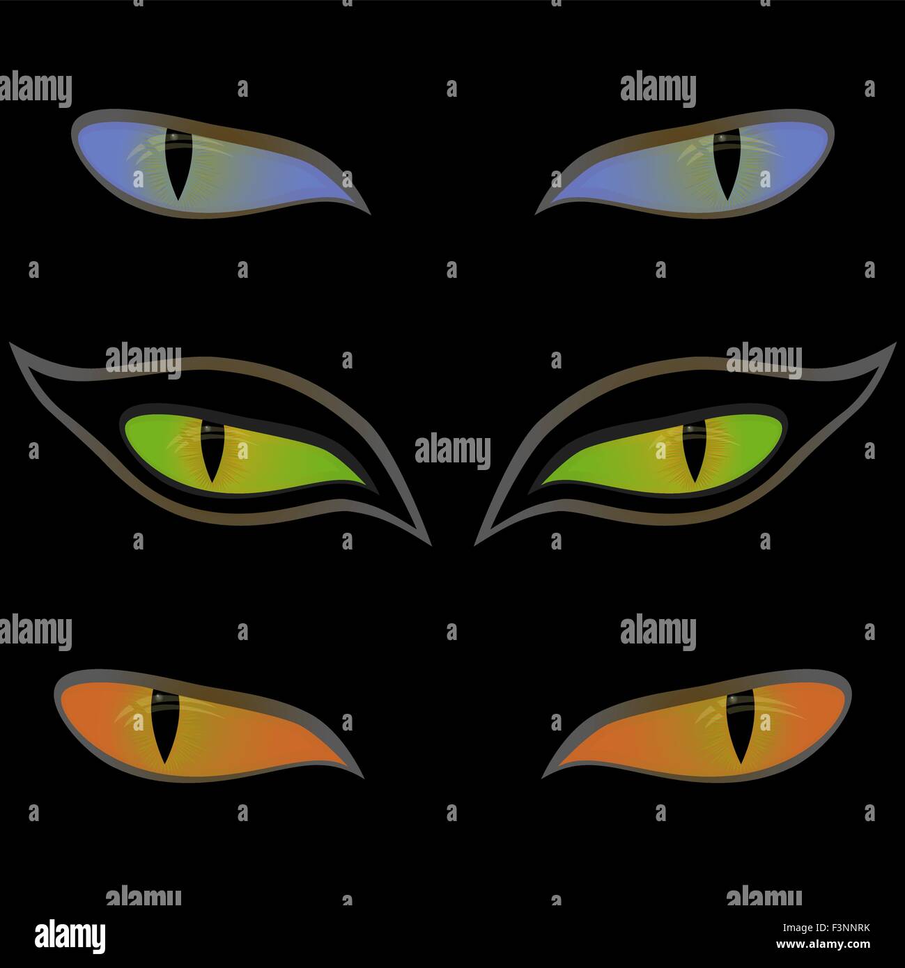 Three pairs of beautiful cat eyes on a black background, hand drawing vector illustration Stock Vector