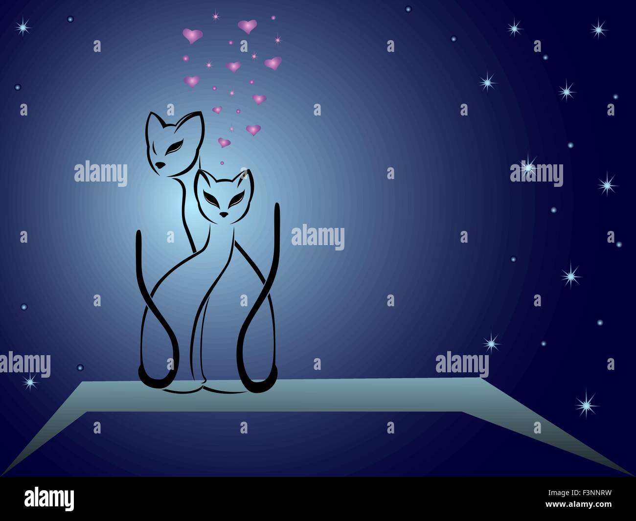 Enamoured cats on a background of dark blue night sky, hand drawing cartoon vector illustration Stock Vector
