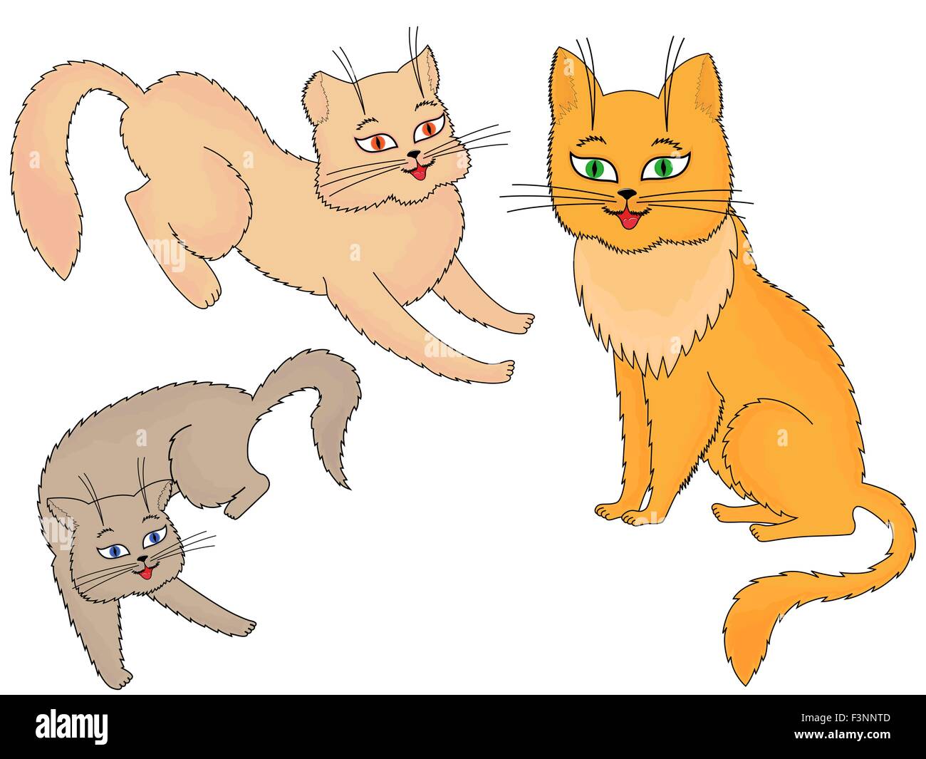 Three funny cartoon cats over white background, hand drawing vector illustration Stock Vector