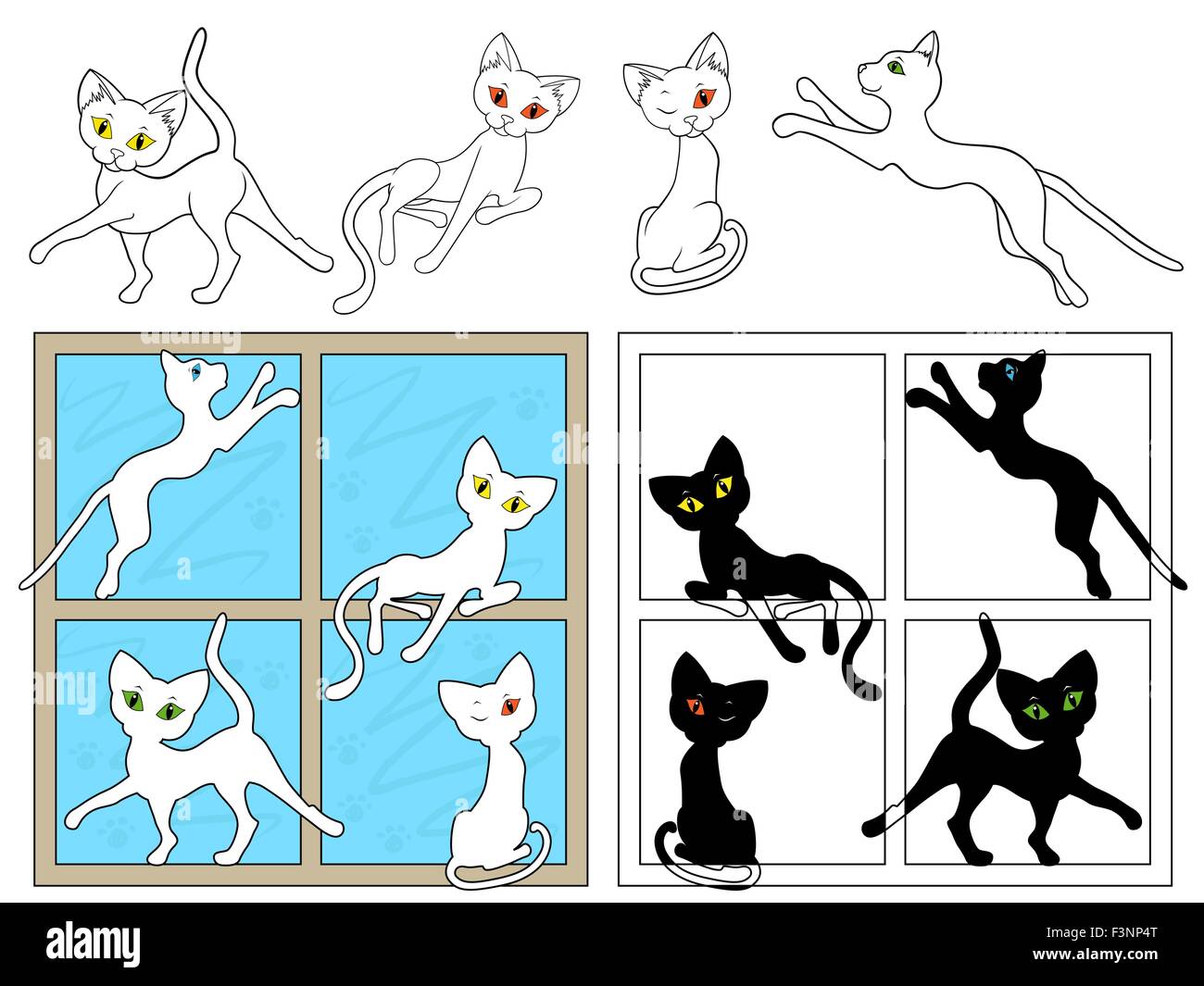 Black and white outlines of cats on the windows, as well as separately on a white background, hand drawing cartoon vector illust Stock Vector