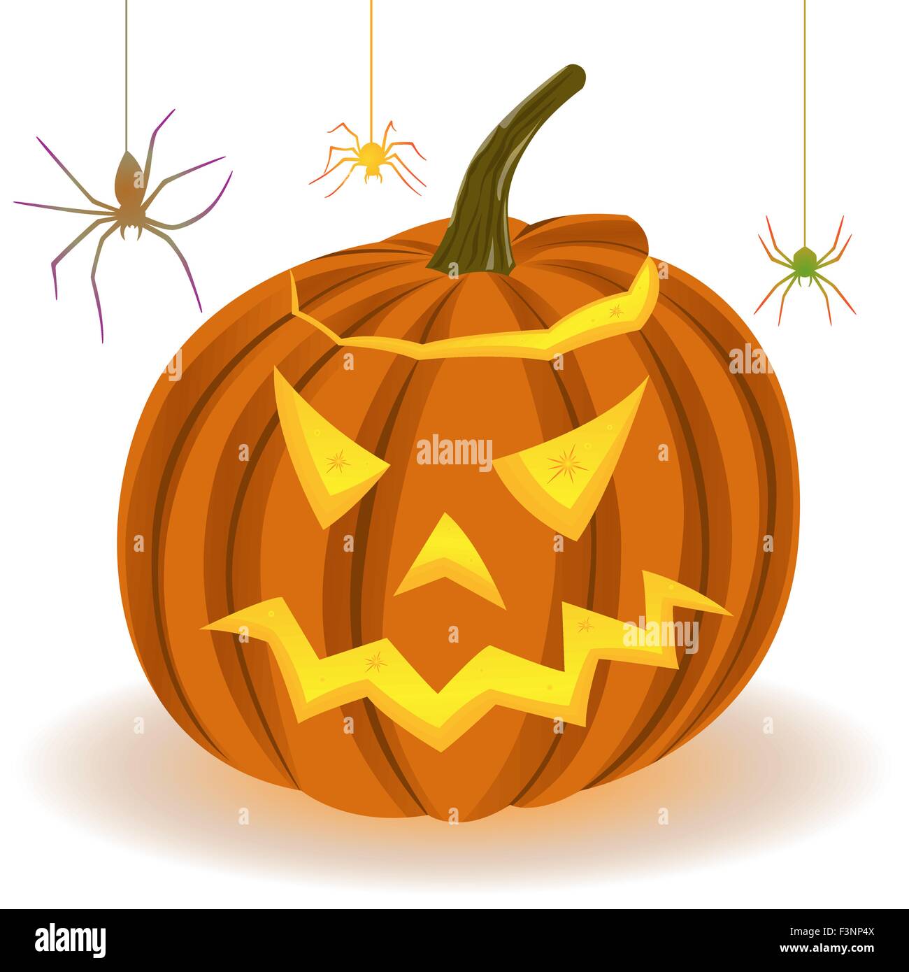 Smiling Halloween pumpkin and spiders hanging on the web, hand drawing vector illustration Stock Vector