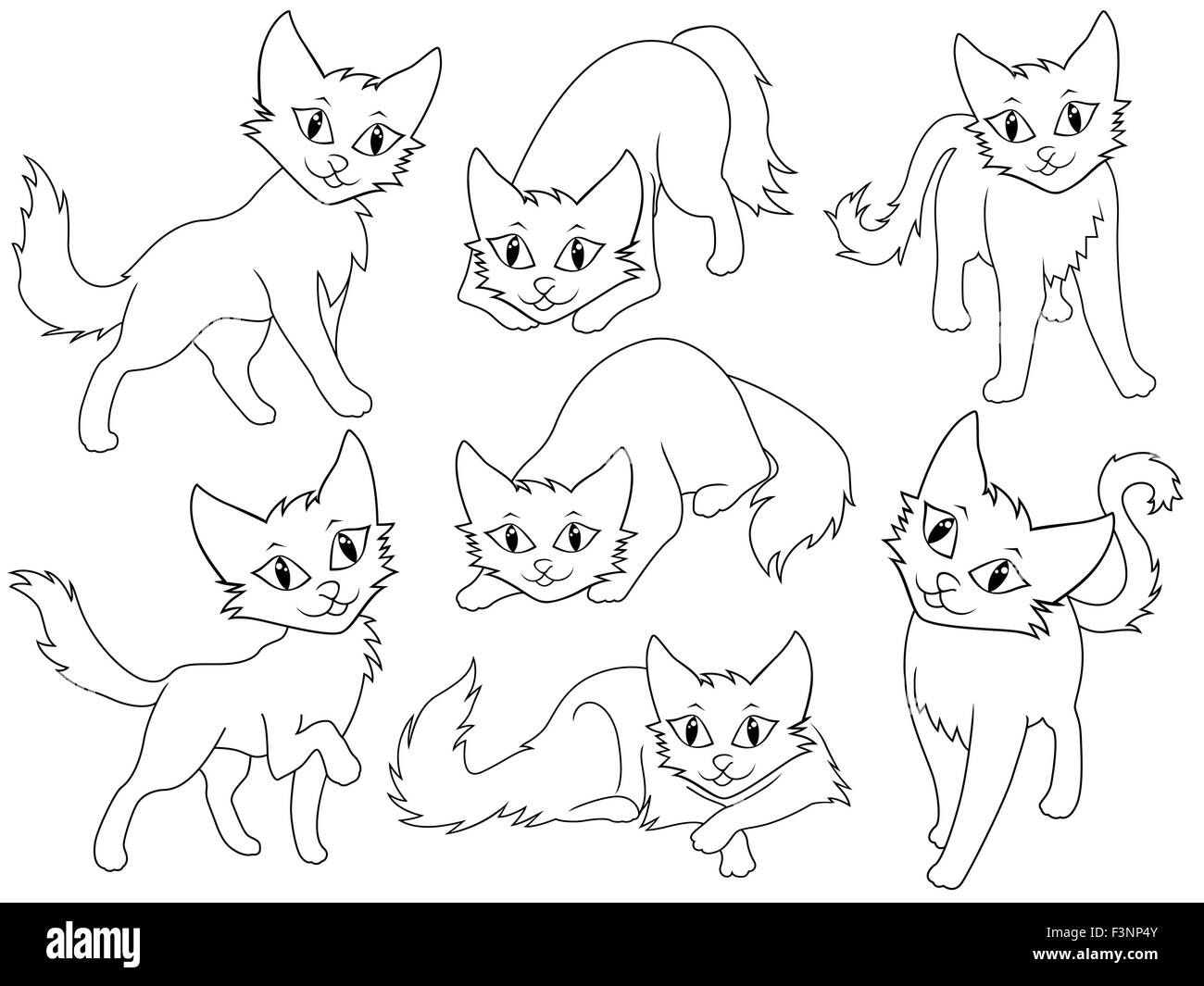 Seven funny cartoon cats over white background, hand drawing vector illustration Stock Vector
