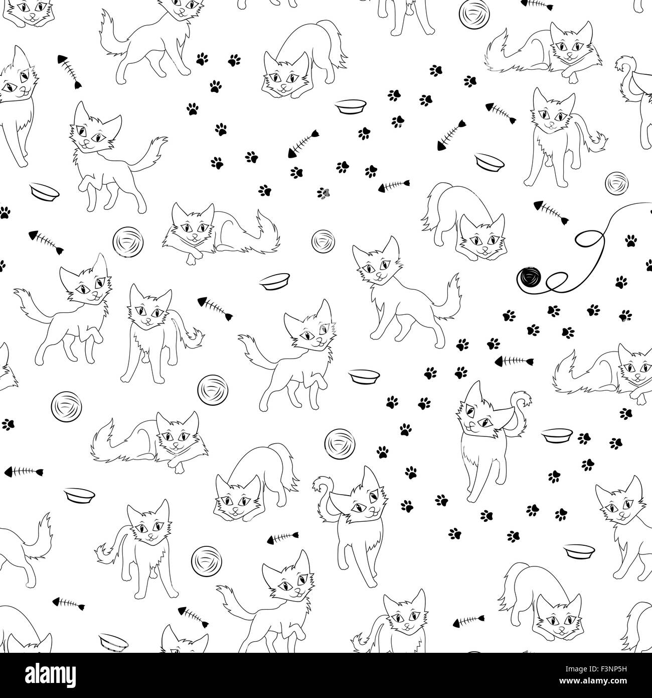 Funny cartoon cats and their accessories, seamless black and white vector pattern Stock Vector