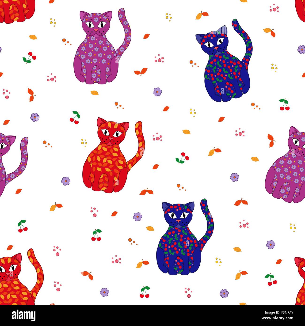 Seamless vector illustration with various multicolor stylized cats ...