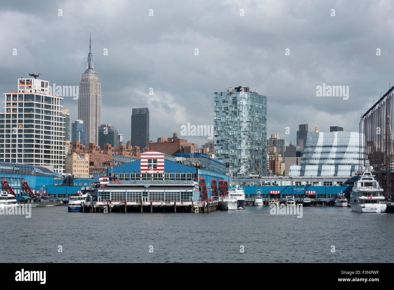 New York, New York City. Hudson River view of Chelsea Pier at Pier 59
