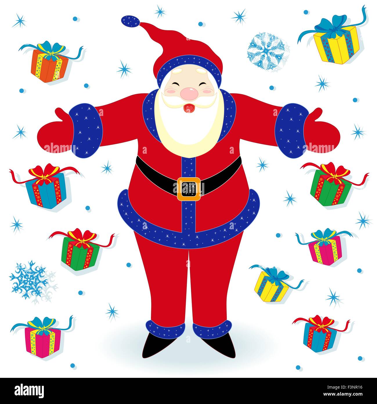 Happy Santa Claus and many gifts, hand drawing cartoon vector ...