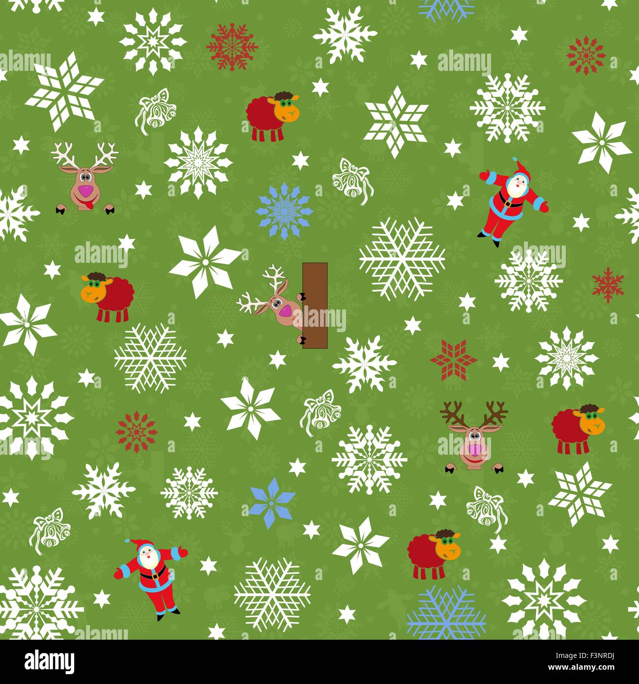Seamless vector pattern for Christmas motifs with Santa, reindeer, sheep and many snowflakes over green seamless background Stock Vector