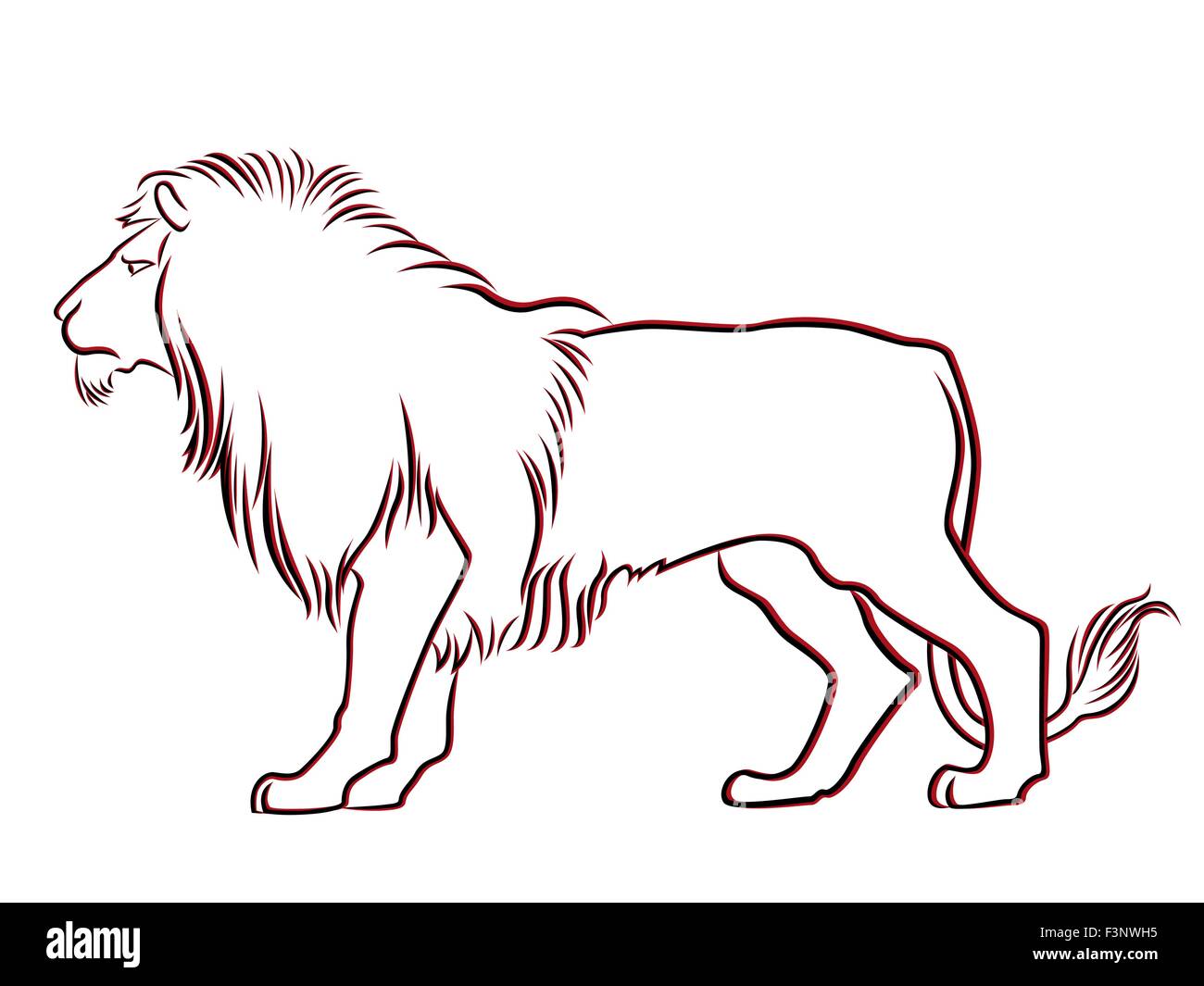 Black and red graceful Lion contour isolated over white. Hand drawing vector illustration Stock Vector