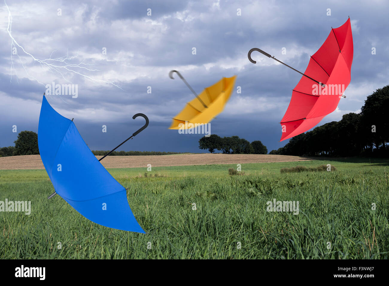 Umbrellas and lightning in landscape Stock Photo Alamy