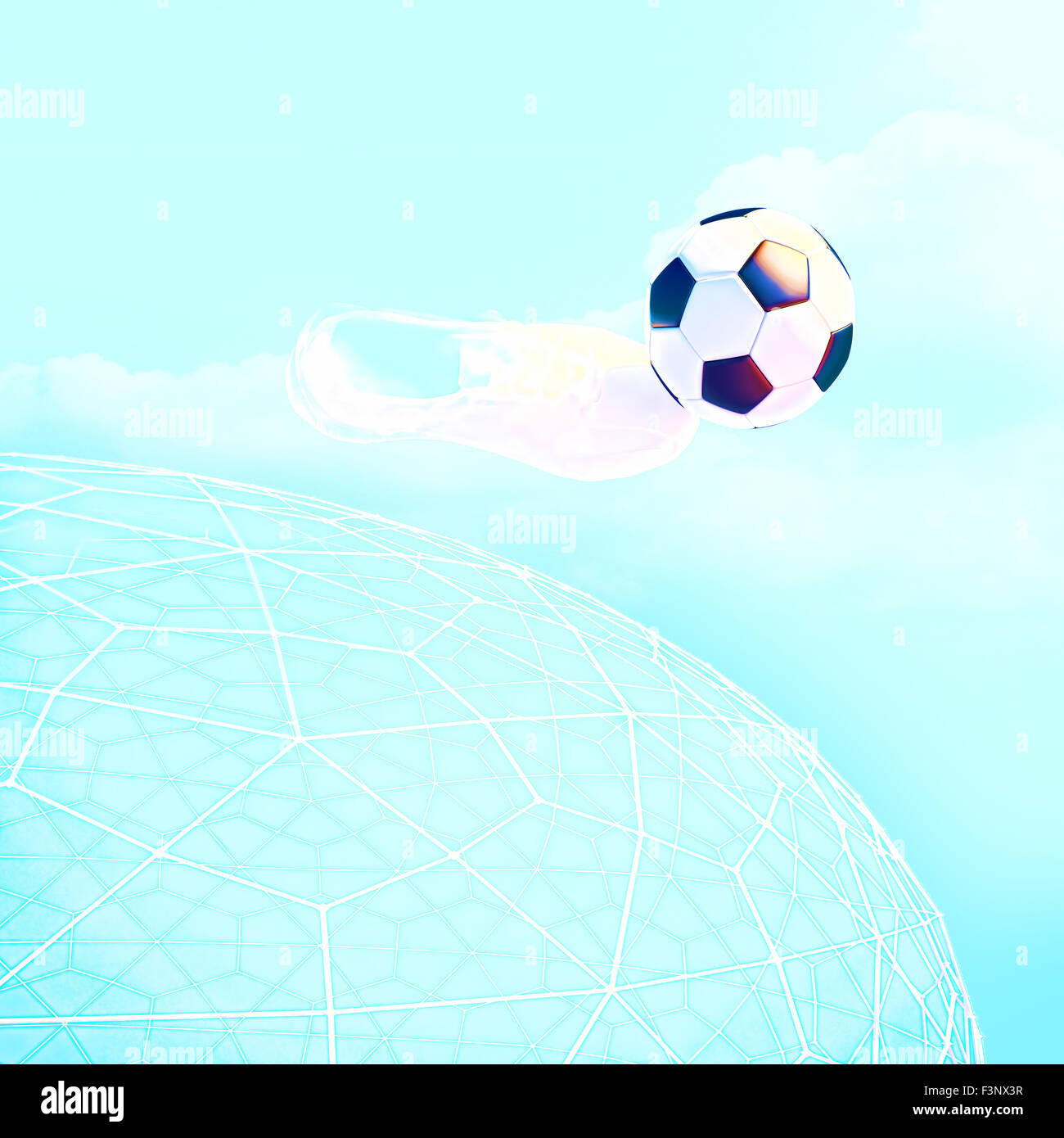 Concept or conceptual soccer ball in with a blue sky background