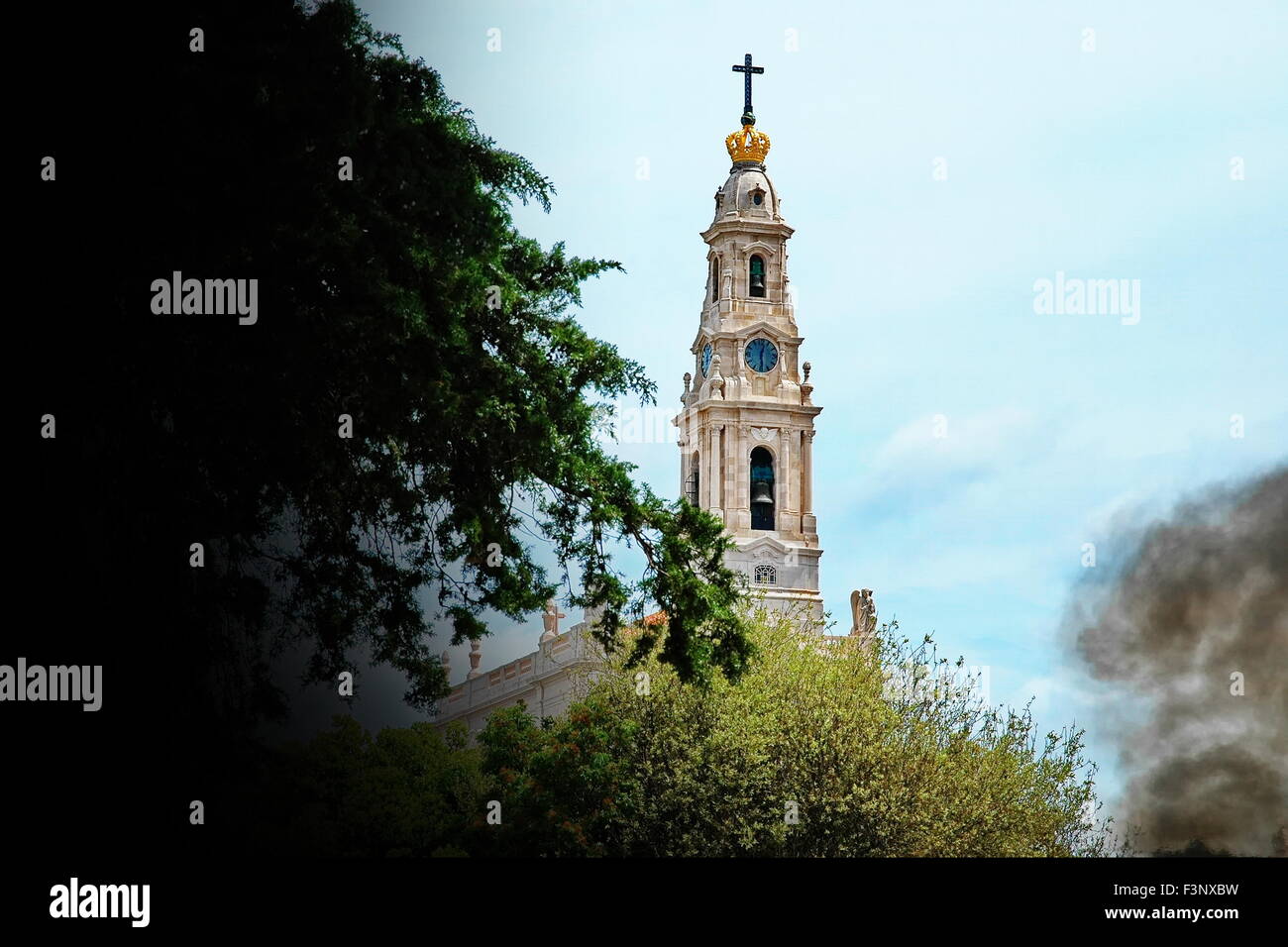 Magnificent view of the Fatima Sanctuary and the pilgrims candles smoke Stock Photo