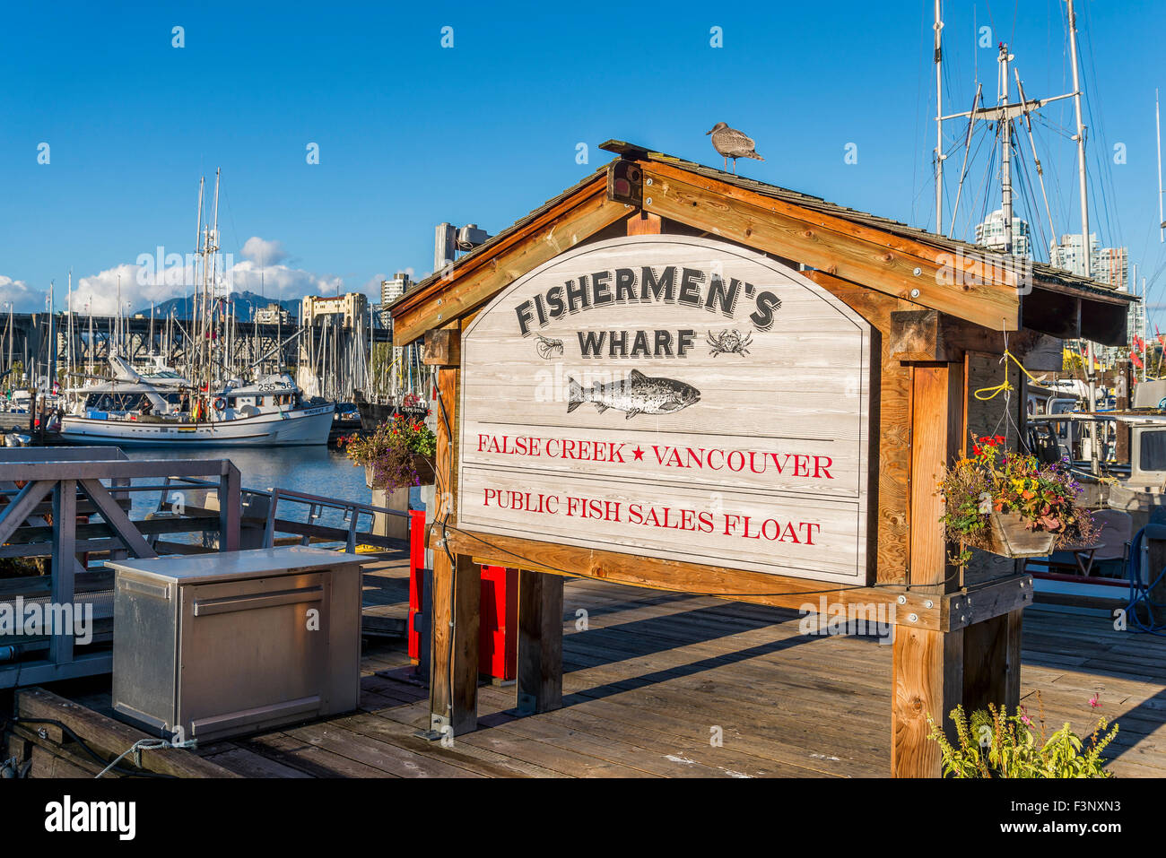 Fisherman's Wharf sign, False Creek, Vancouver, British Columbia, Canada, Stock Photo