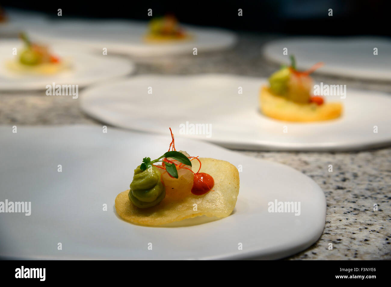 Gourmet appetizers ready to be served in a fancy restaurant Stock Photo