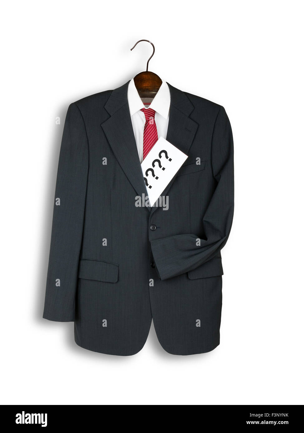 More questions than answers. Man's suit with envelope, white  background with shadow. Stock Photo
