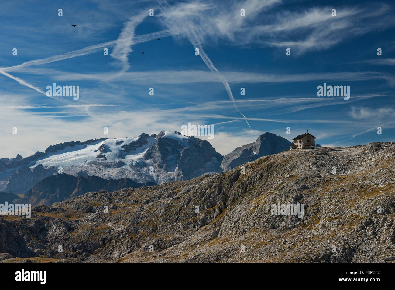 View of Marmolada, Italy's highest peak, from the Franz Kostner Hut in the Dolomites Stock Photo