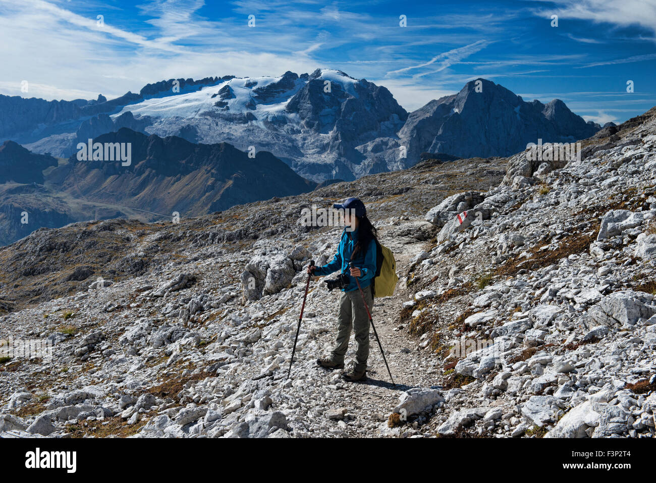 On the trail to the summit of Piz Boe with Marmolada in the background, Dolomites, Italy Stock Photo