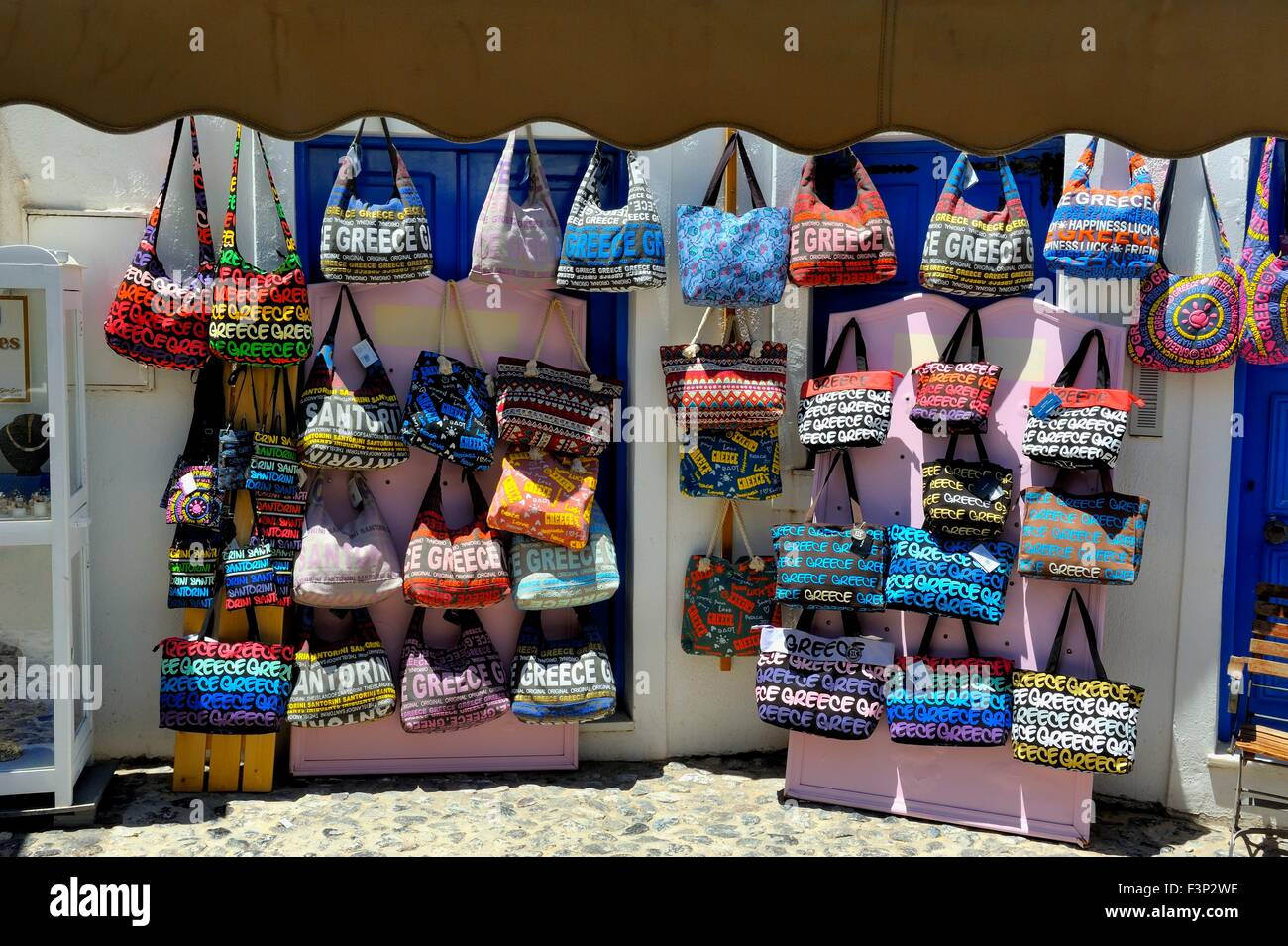 Souvenir bags on sale in Fira Santorini Greece Stock Photo 