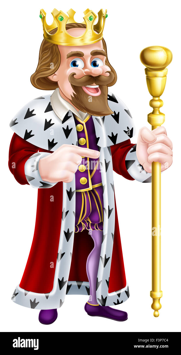 A king cartoon character holding a sceptre with one hand and pointing with the other Stock Photo