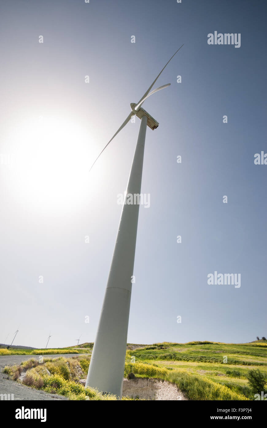Wind mill  power turbine  generators against the sun  generating electricity from wind.  Concept of renewable energy sources. Stock Photo