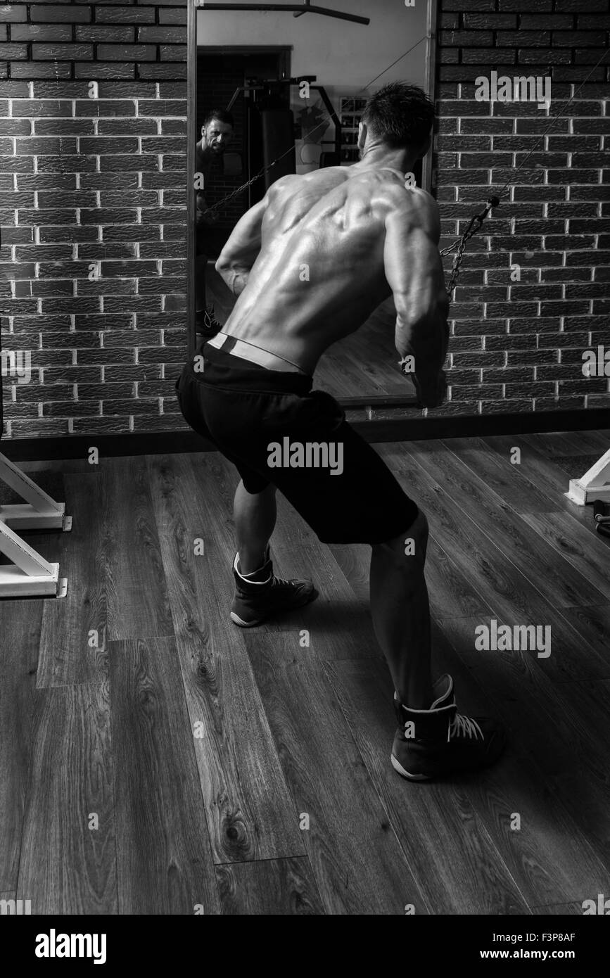 Bodybuilder Doing Heavy Weight Exercise For Back On Machine Stock Photo