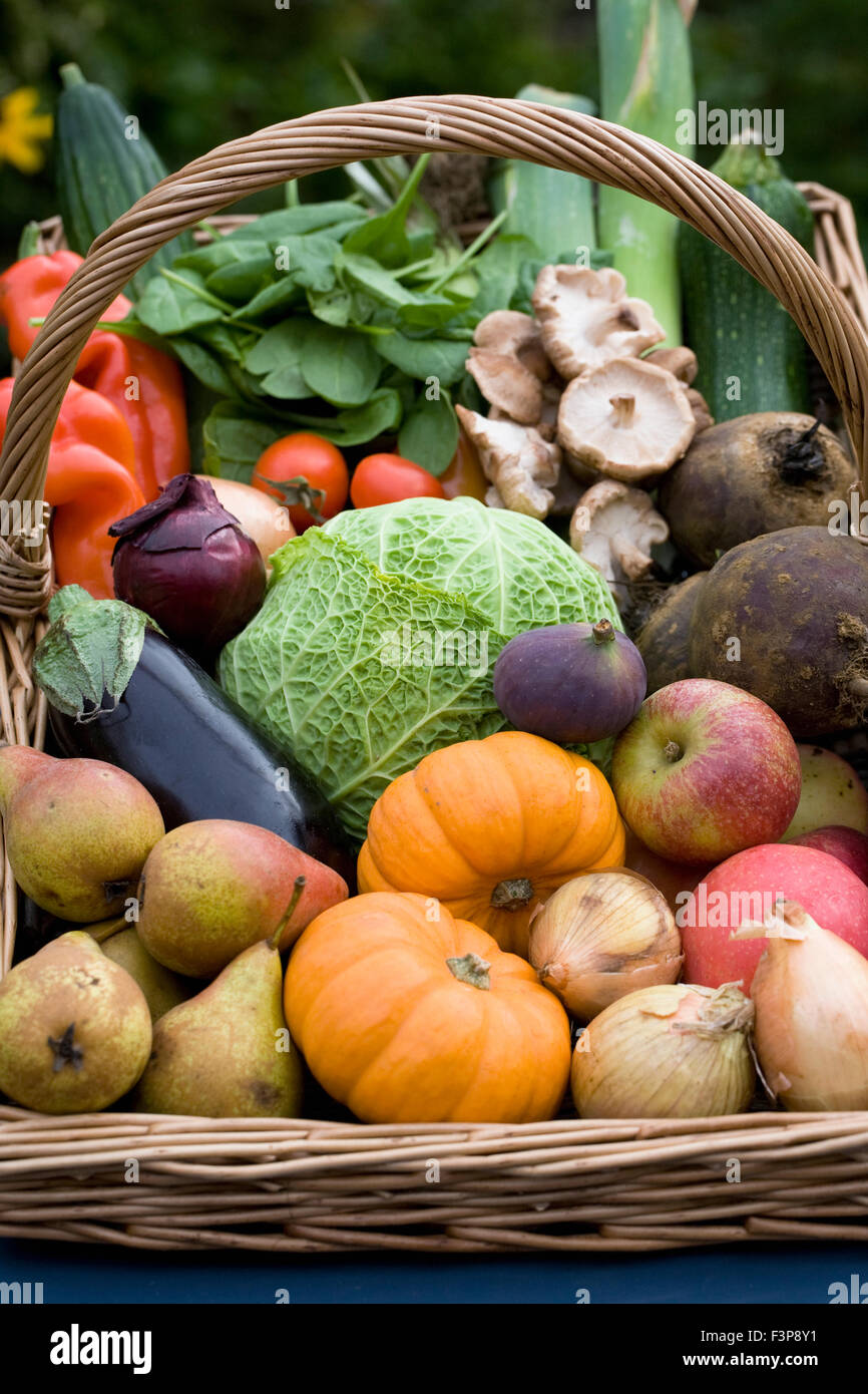 Harvest basket containing a selection of UK grown fruit and vegetables Stock Photo Alamy