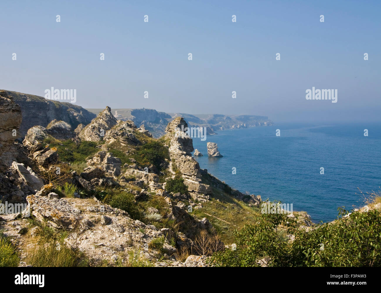 Sea landscape with rocks, recorded in place Tarhankut in region Crimea on Black sea. Stock Photo