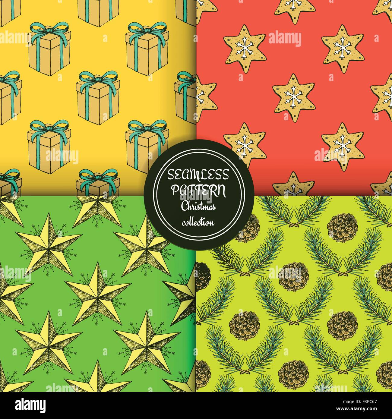 Sketch set of Christmas seamless patterns in vintage style, vector ...