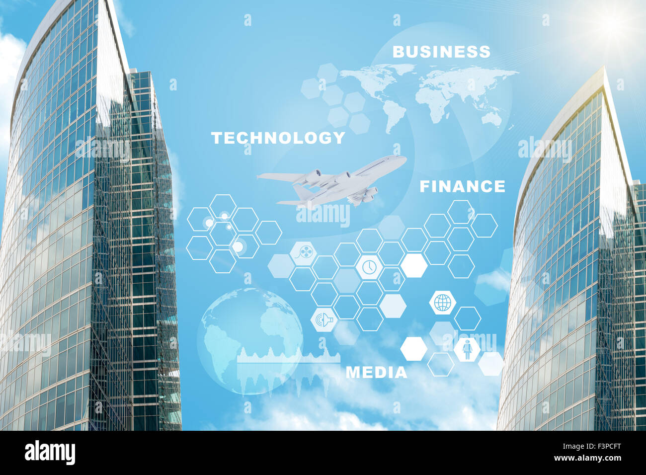 Skyscrapers with computer icons Stock Photo - Alamy