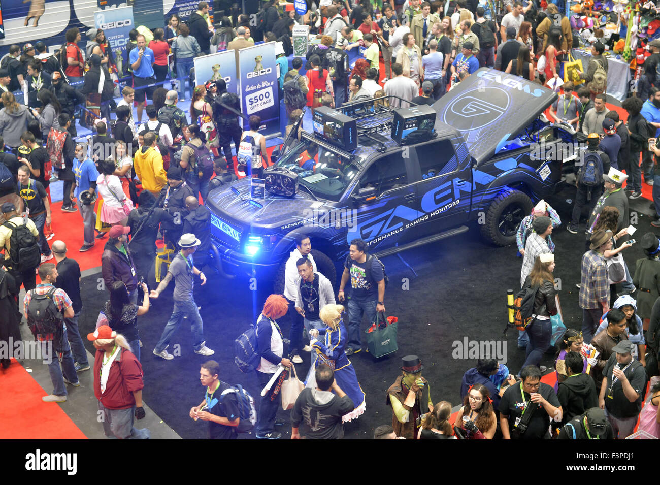 New York City, New York, USA. 10th Oct, 2015. GAEMS Performance Gaming Monitors are set up on an EPIC electric vehicle, seen in an overhead view at the 10th Annual New York Comic Con. NYCC 2015 is expected to be the biggest one ever, with over 160,000 attending during the 4 day ReedPOP event, from October 8 through Oct 11, at Javits Center in Manhattan © Ann Parry/ZUMA Wire/Alamy Live News Stock Photo