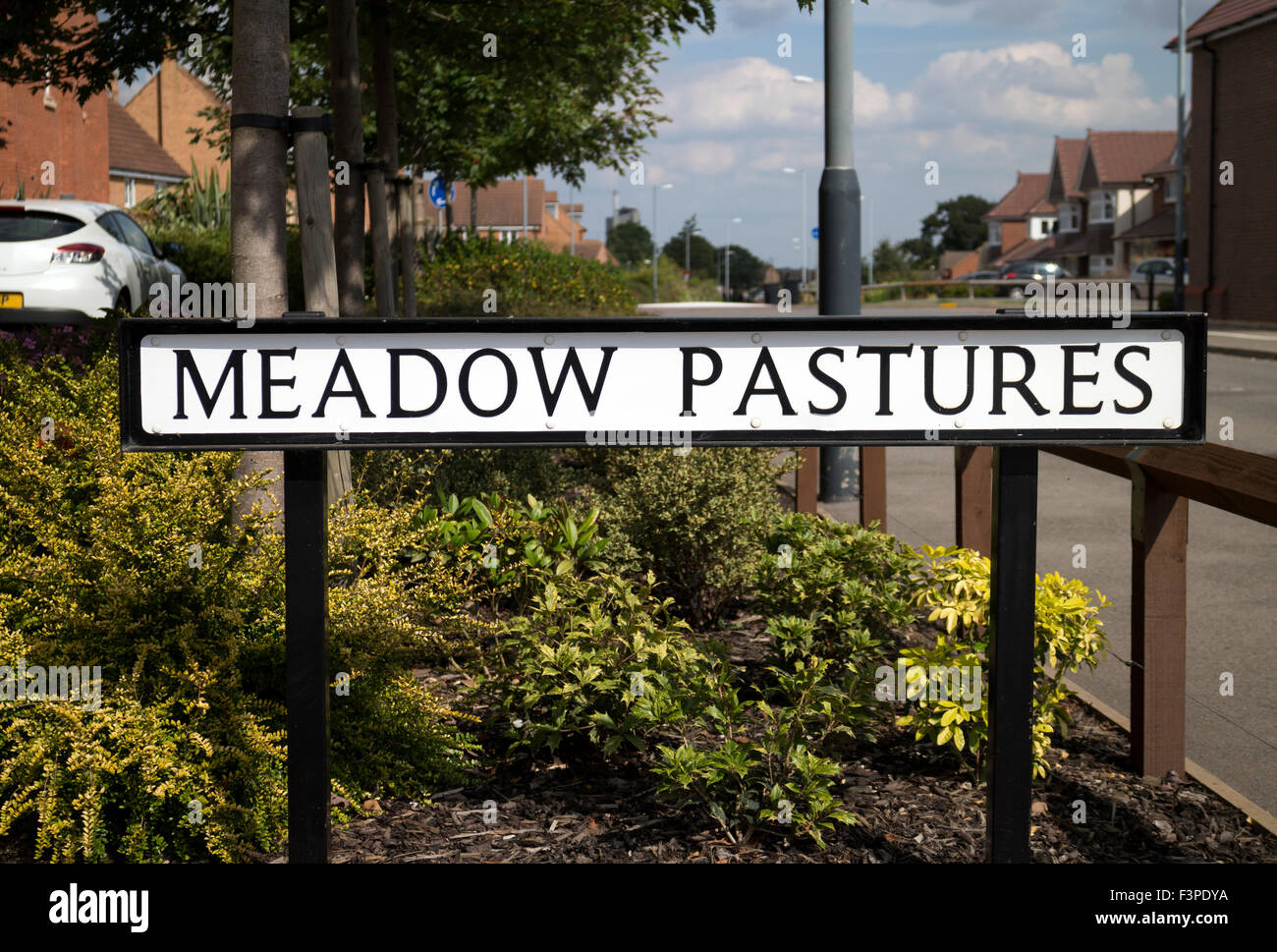 Meadow Pastures sign in Cawston village, Rugby, Warwickshire, England
