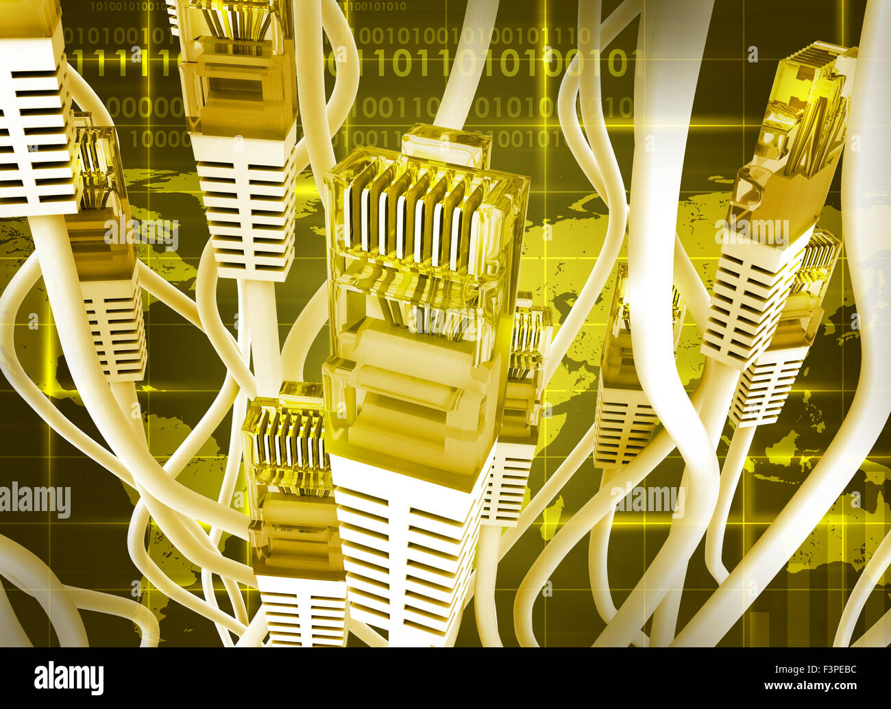 Yellow computer cables with world map Stock Photo Alamy