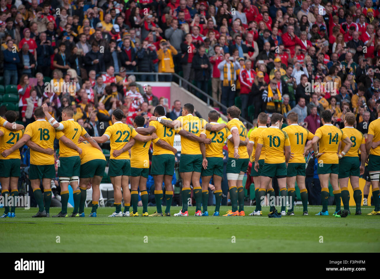 Australia squad line up for the national anthems, Australia v Wales match, Twickenham Stadium, London, UK. 10th October 2015. Stock Photo