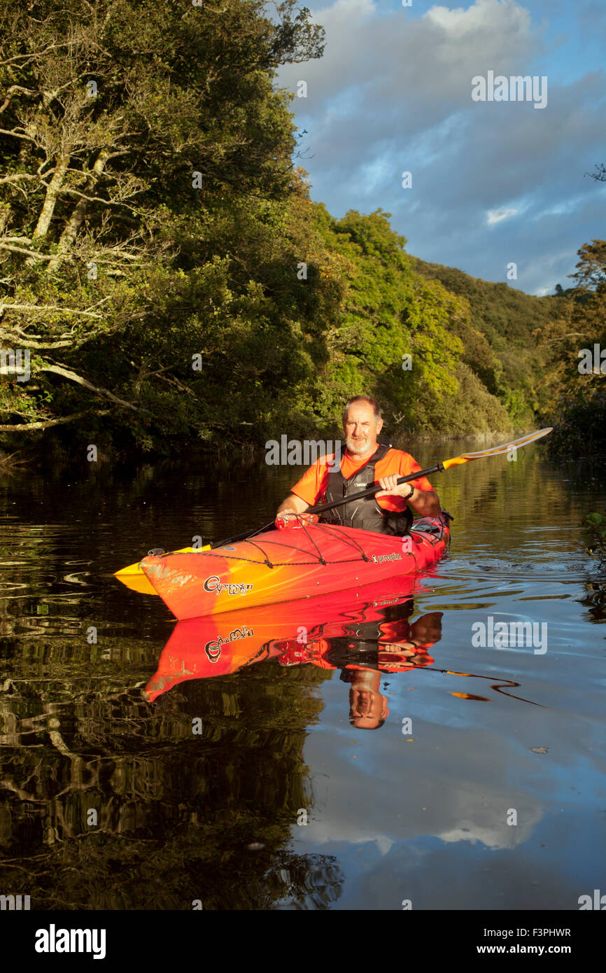 River Camel; Adrian Langdon in a Kayak Wadebridge Cornwall; UK Stock Photo