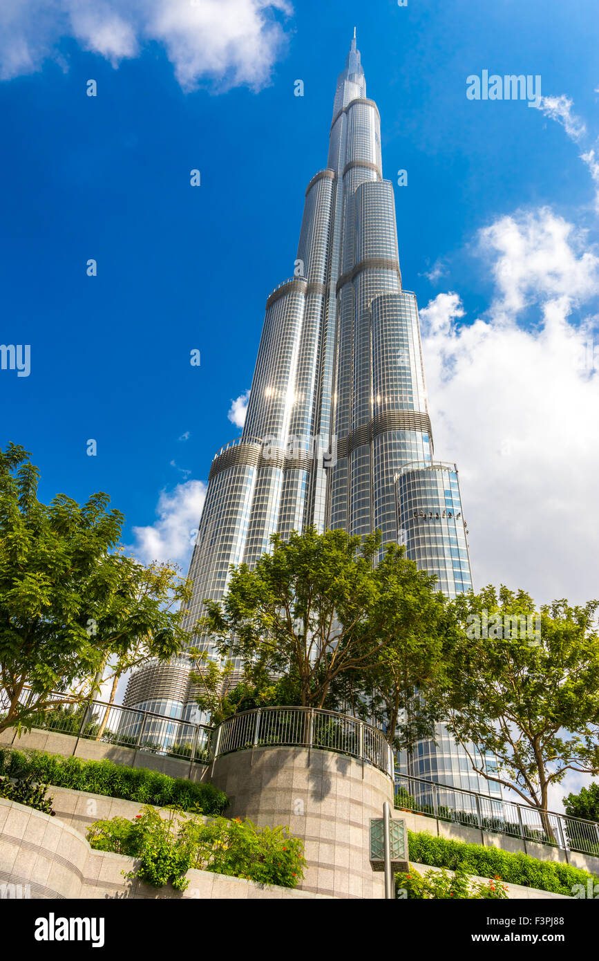 DUBAI, UAE - FEBRUARY 10: Burj Khalifa facade on February 10, 2014 in Dubai, UAE. Burj Khalifa is a tallest building in the worl Stock Photo
