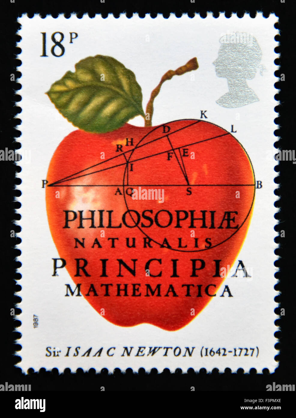 Postage stamp. Great Britain. Queen Elizabeth II. 1987. 300th.Anniversary of 'The Principia Mathmatica'. 18p. Stock Photo