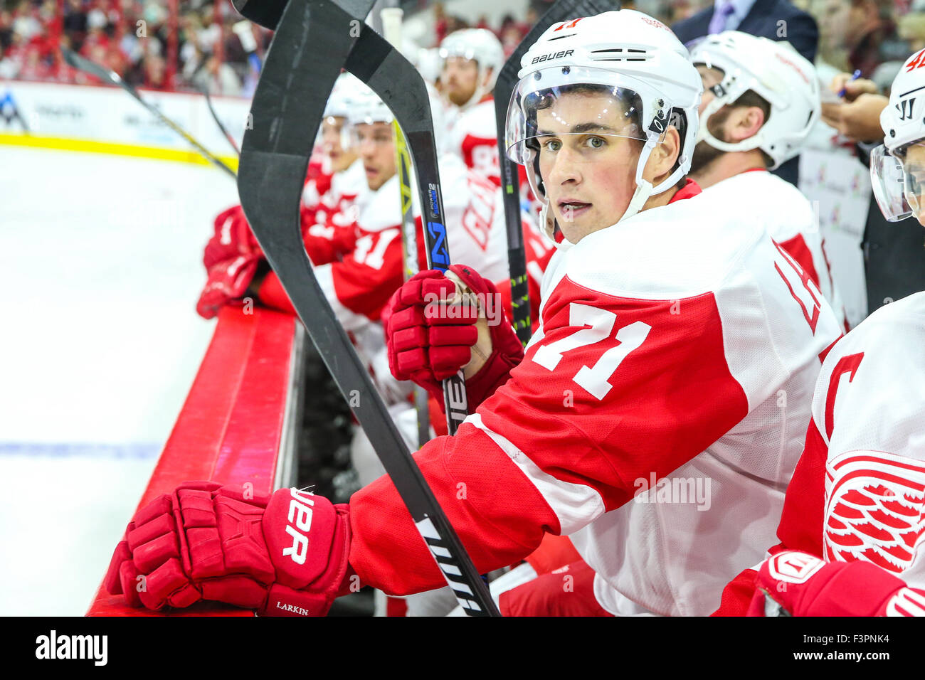Raleigh, North Carolina, USA. 10th Oct, 2015. Detroit Red Wings center Dylan  Larkin (71) during the NHL game between the Detroit Red Wings and the  Carolina Hurricanes at the PNC Arena. The