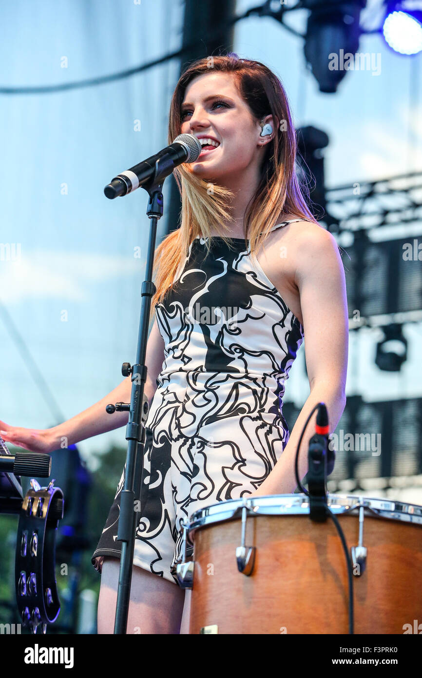 Music Artist ECHOSMITH performs at the Red Hat Amphitheater in North Carolina.  Echosmith is an American indie pop band formed in February 2009 in Chino, California. The band is composed of four siblings: Graham, Sydney, Noah, and Jamie Sierota. Echosmith signed to Warner Bros. Records in May 2012. They are best known for their hit song 'Cool Kids', which reached number 13 on the Billboard Hot 100 and was certified double platinum by the RIAA with over 1,200,000 sales in the United States and double platinum also by ARIA in Australia. Stock Photo