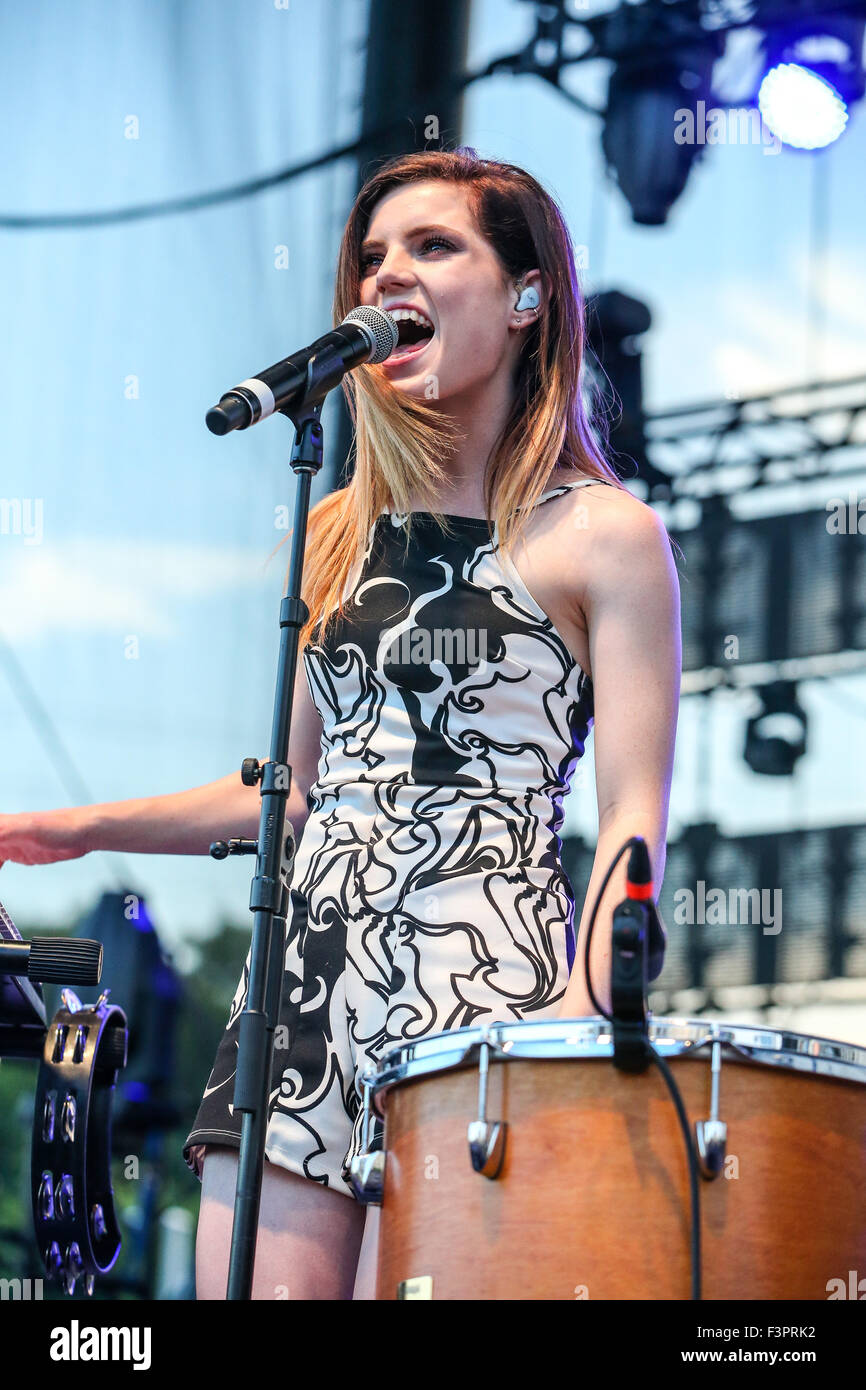 Music Artist ECHOSMITH performs at the Red Hat Amphitheater in North Carolina.  Echosmith is an American indie pop band formed in February 2009 in Chino, California. The band is composed of four siblings: Graham, Sydney, Noah, and Jamie Sierota. Echosmith signed to Warner Bros. Records in May 2012. They are best known for their hit song 'Cool Kids', which reached number 13 on the Billboard Hot 100 and was certified double platinum by the RIAA with over 1,200,000 sales in the United States and double platinum also by ARIA in Australia. Stock Photo