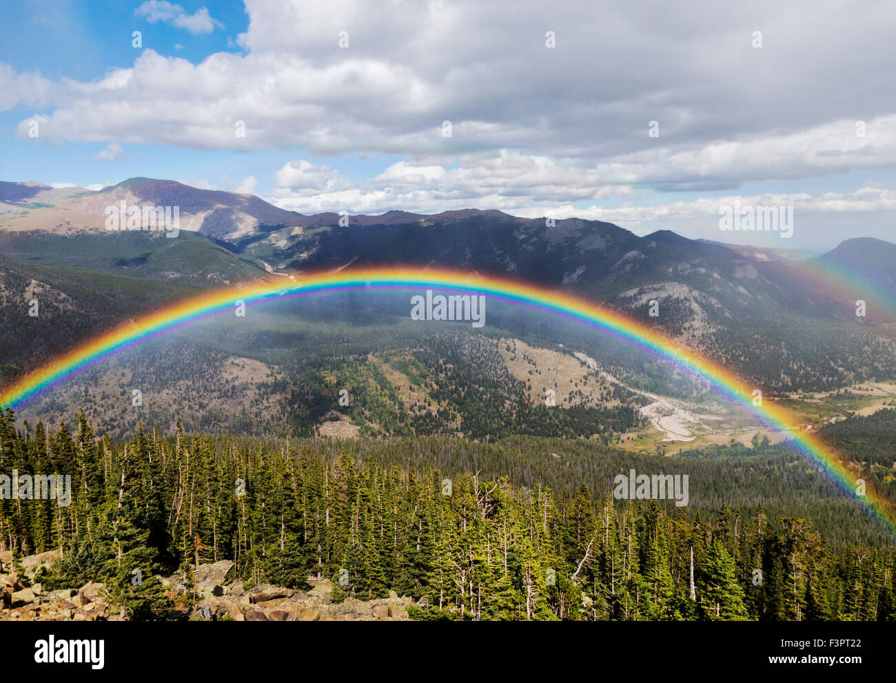 Full; vibrant; rainbow; Rainbow Curve; Rocky Mountain National Park; Colorado; USA Stock Photo