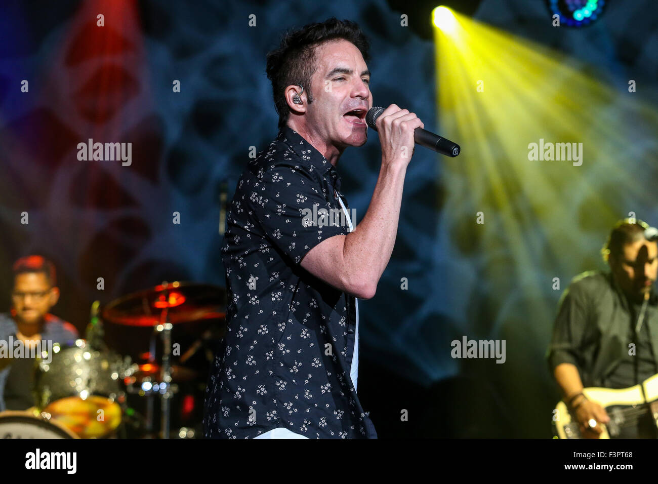 Train performs in North Carolina.   Train is an American rock band from San Francisco, formed in 1993. The band currently consists of Pat Monahan (vocals), Jimmy Stafford (lead guitar), Jerry Becker (rhythm guitar and piano), Hector Maldonado (bass), Drew Shoals (drums), Nikita Houston (backing vocals) and Sakai Smith (backing vocals). Stock Photo