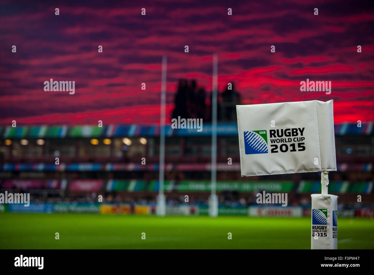 11.10.2015. Kingsholm Stadium, Gloucester, England. Rugby World Cup. USA versus Japan.  The sun sets behind Kingsholm Stadium before kickoff. Stock Photo