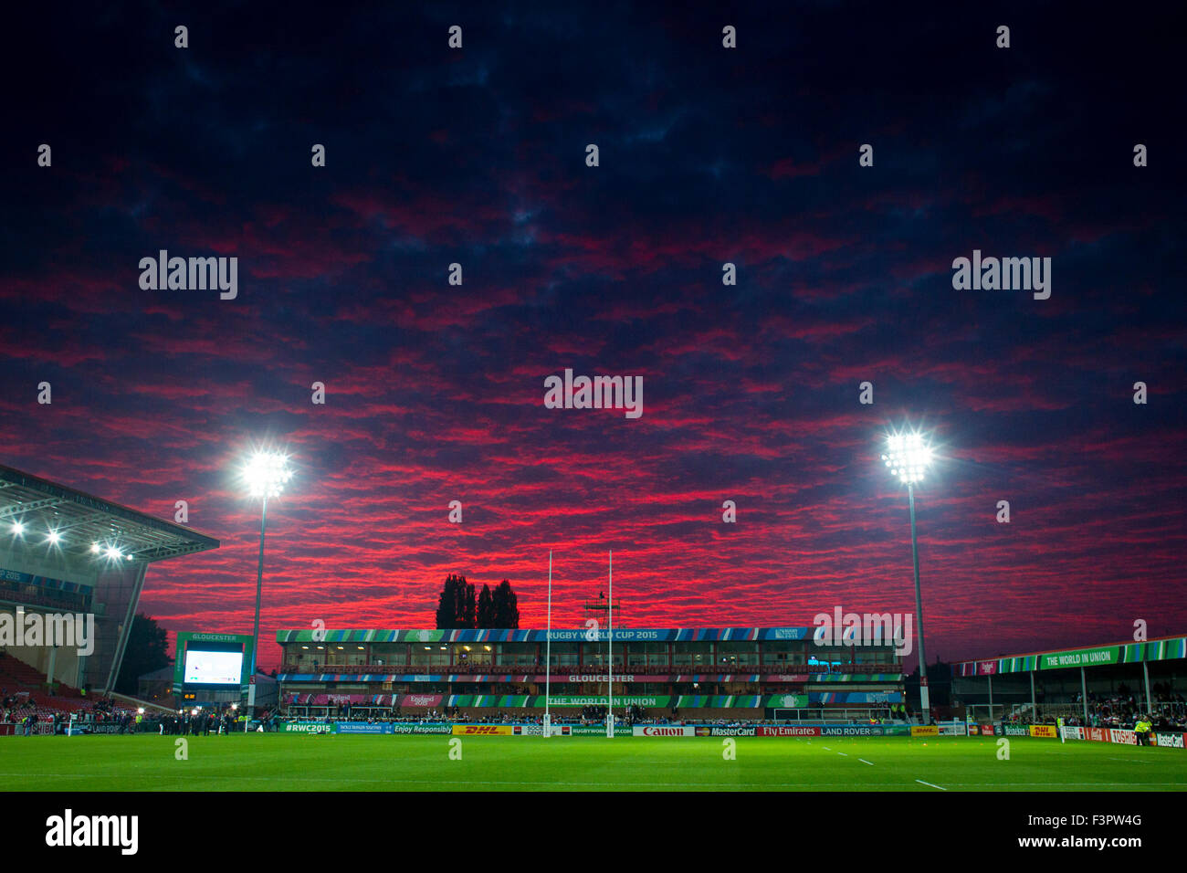 11.10.2015. Kingsholm Stadium, Gloucester, England. Rugby World Cup. USA versus Japan.  The sun sets behind Kingsholm Stadium before kickoff. Stock Photo