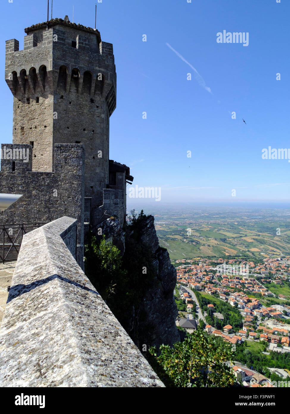 Italy, Emilia-Romagna, Republic of San Marino - the fortress on the craggy rock. Stock Photo